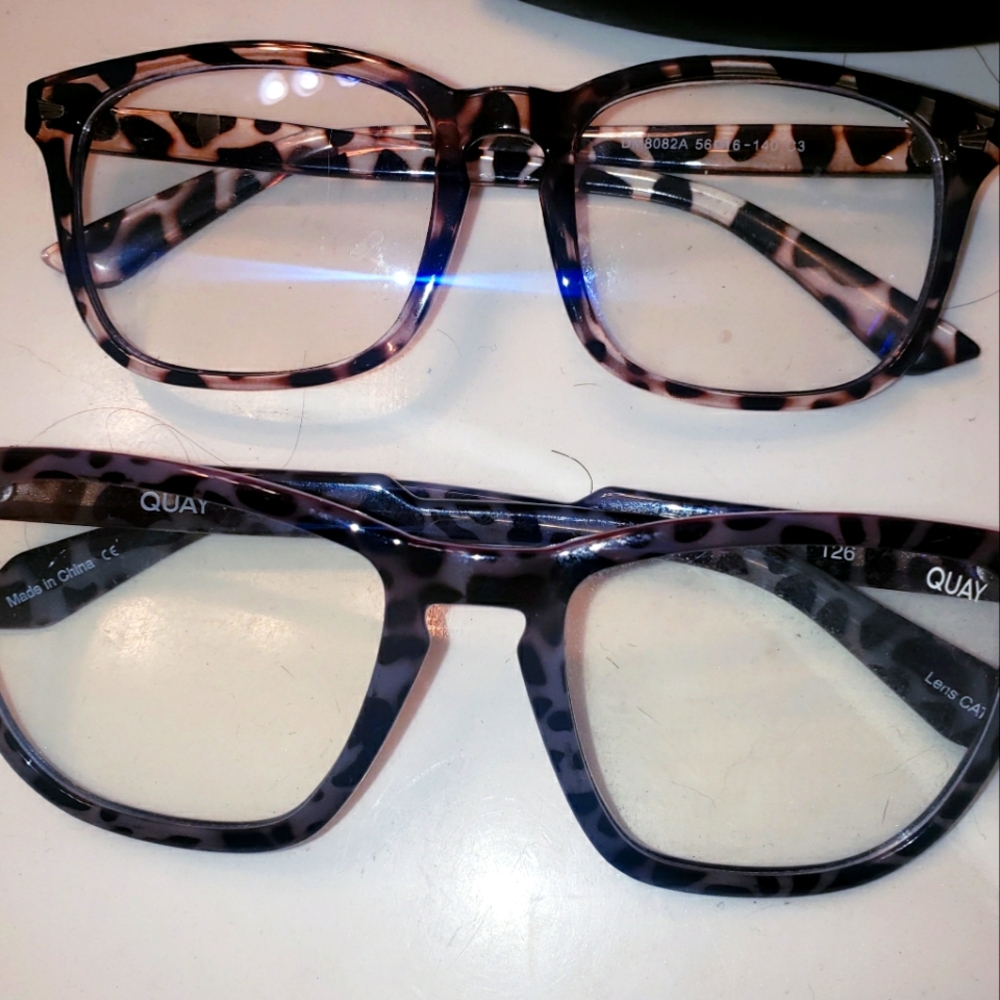 Blue light glasses. The first pair was bought onAmazon. The second pair is Quay.